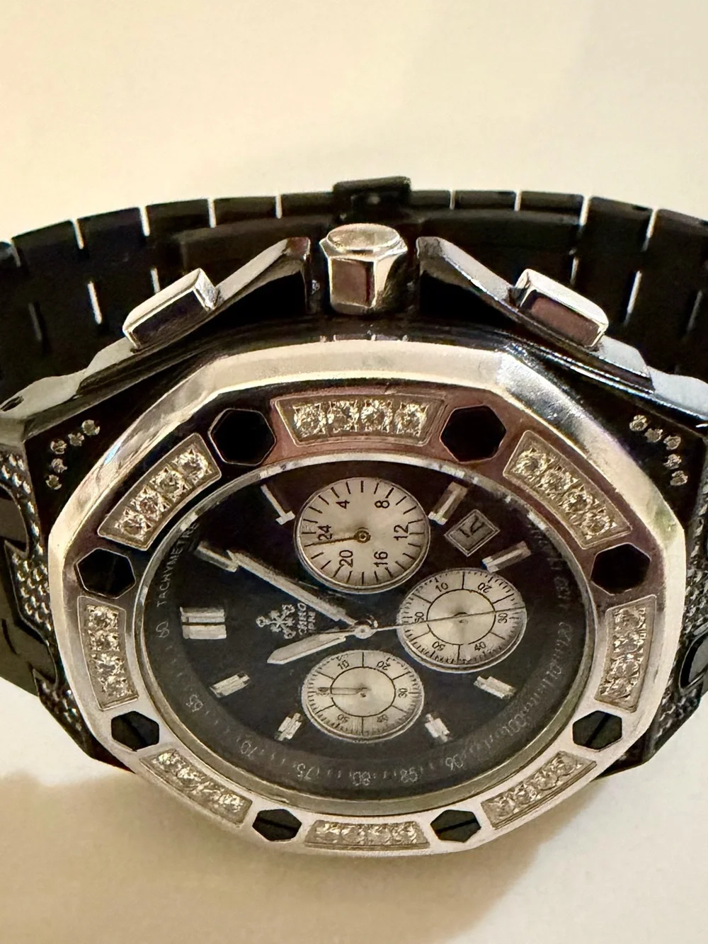 Men’s Black and Silver Techno JPM 2.5ct Genuine Diamond Bezel Watch